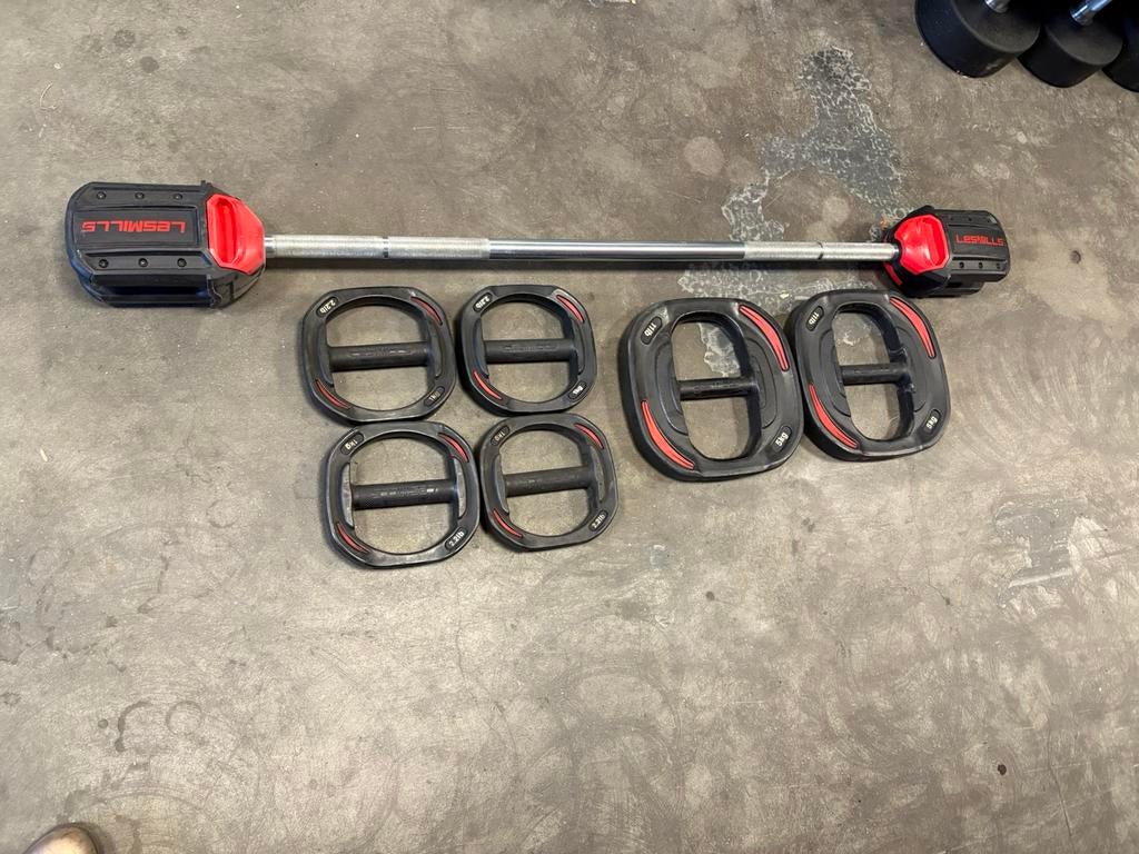 Les mills smartbar set met 14 kg schijven, Sport en Fitness, Fitnessmaterialen, Les mills, Halterset, Gebruikt, Smartbar