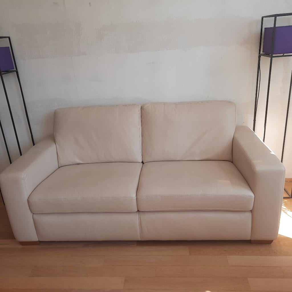 2 rechte leren banken, off white, in zeer goede staat, Ophalen, Overige maten, 150 tot 200 cm, Zo goed als nieuw