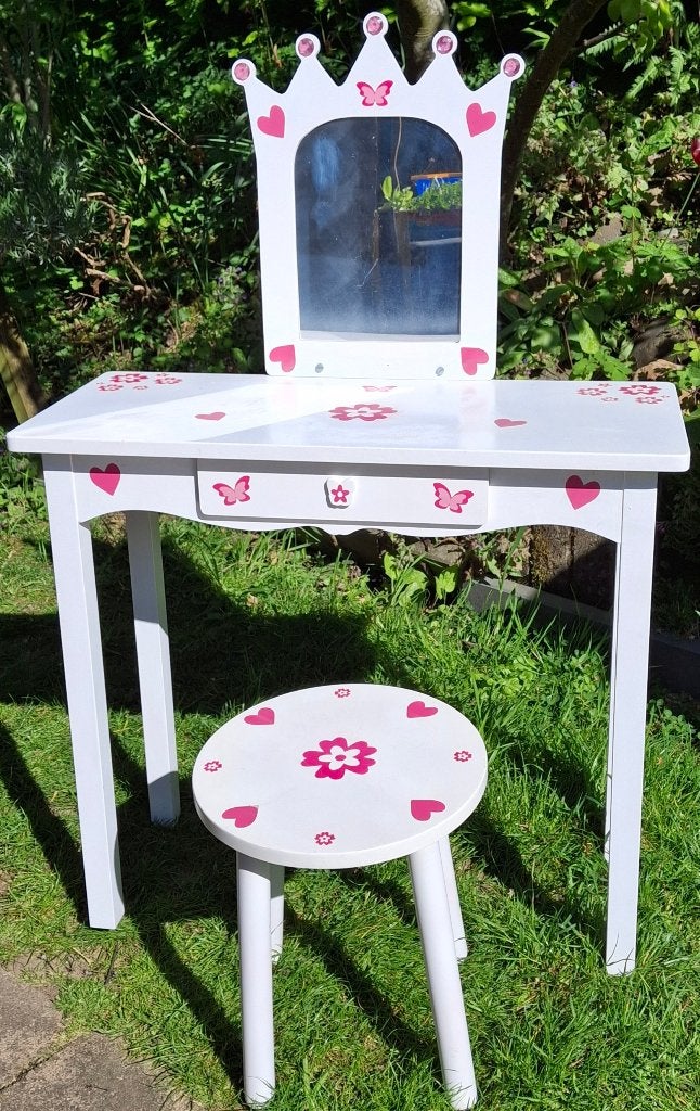 Kinder kaptafel met spiegel en krukje - wit/roze, Ophalen, 50 tot 100 cm, Zo goed als nieuw, Minder dan 100 cm