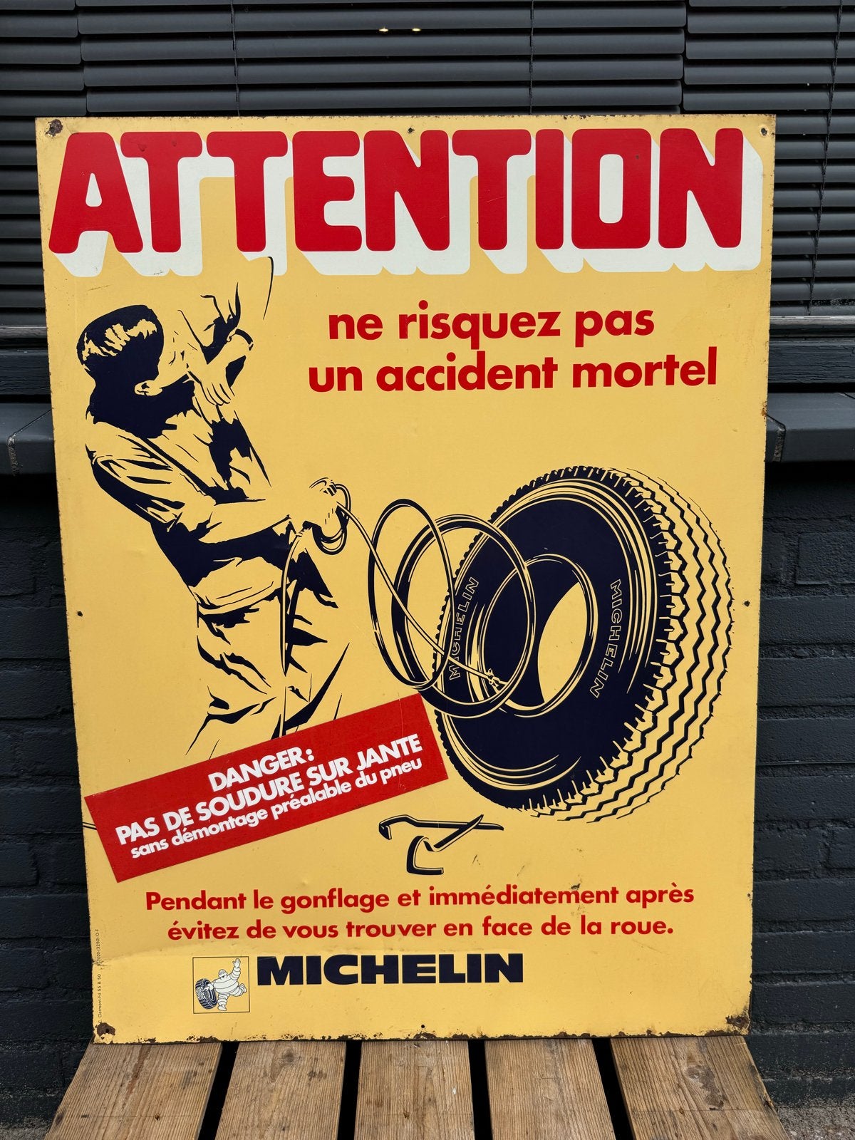 Vintage Michelin Reclamebord - 'Attention', Reclamebord, Gebruikt, ., Ophalen of Verzenden