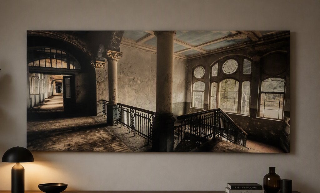 Canvas van verlaten Beelitz Heilstätten, oud gebouw 150x60, 50 – 75, 125 cm of meer, Ophalen of Verzenden, Zo goed als nieuw