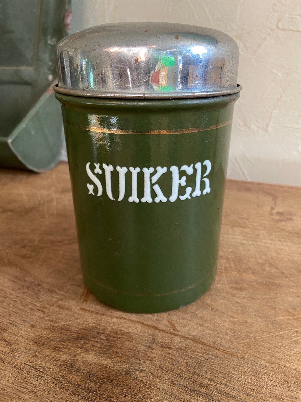 Antiek donker groene Emaille suiker bus voorraad bus, Antiek en Kunst, Ophalen of Verzenden