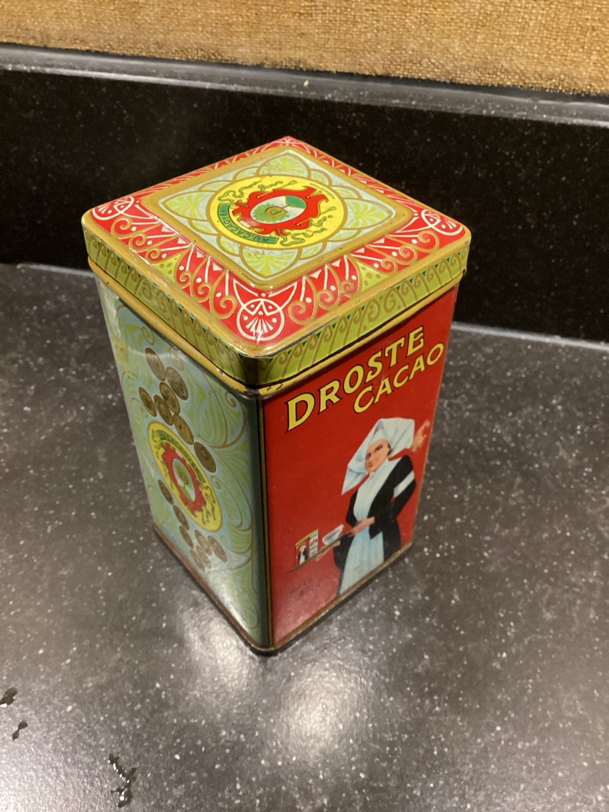 Vintage Droste Cacao blik met zuster en Droste-effect, Ophalen, Gebruikt