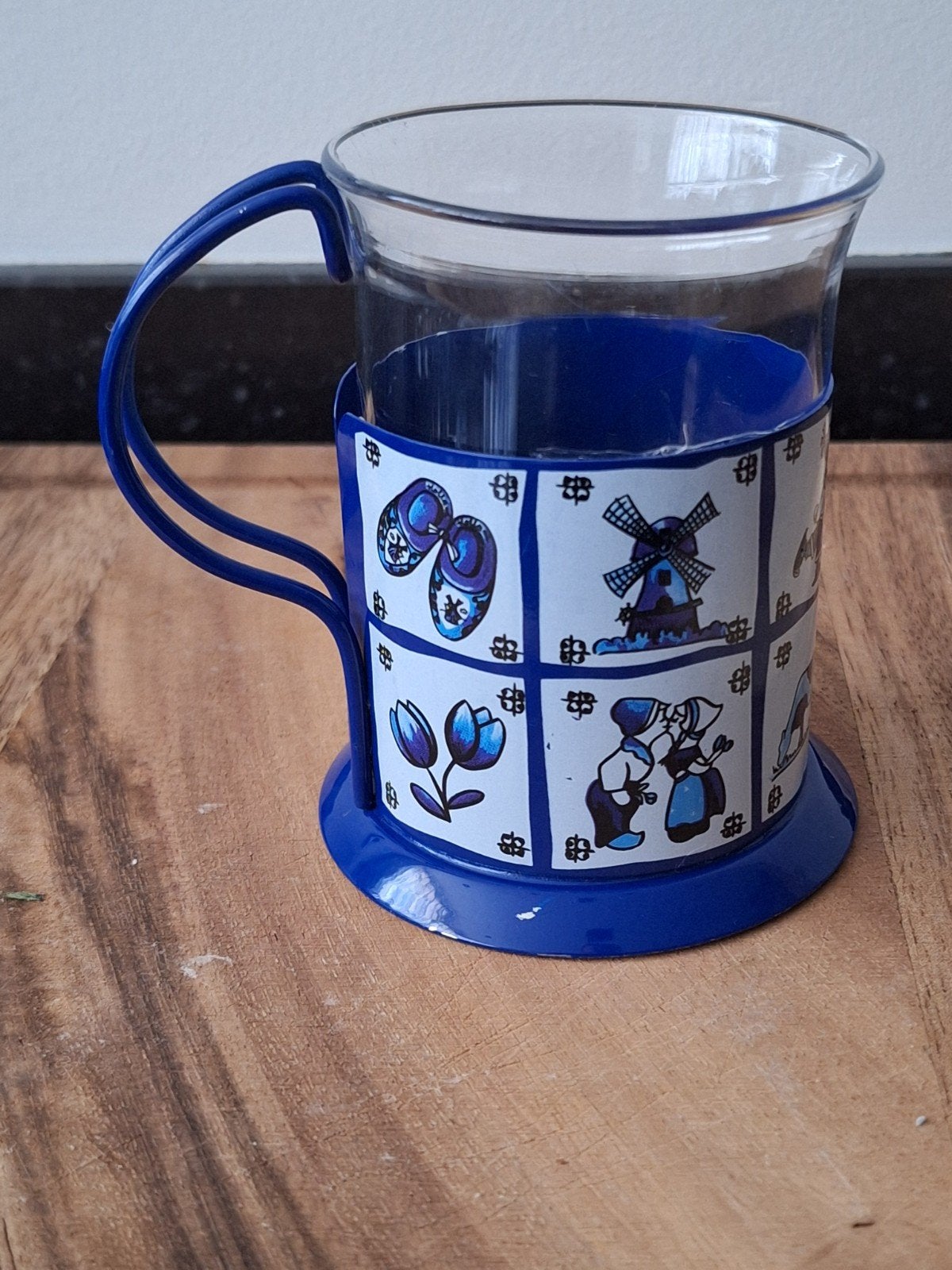 Xenos Delfts Blauw Theeglas met Metalen Houder, Huis en Inrichting, Keuken | Servies, Glas of Glazen, Gebruikt, Ophalen of Verzenden