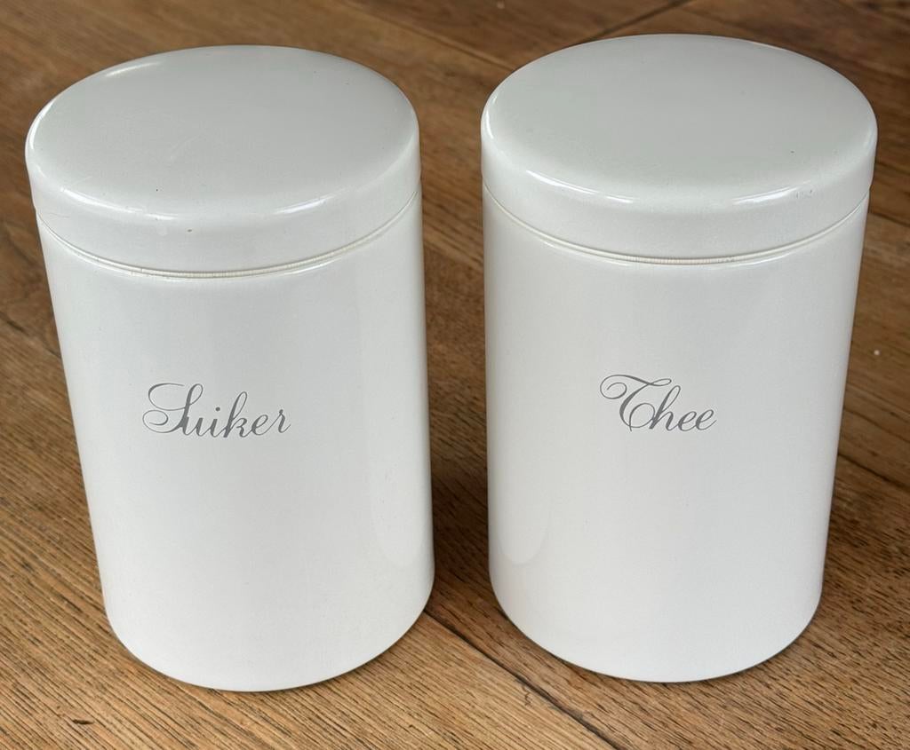 Twee vintage bewaarbussen van Brabantia - thee en suiker, Beige, Gebruikt, Ophalen of Verzenden, Voorraadpot