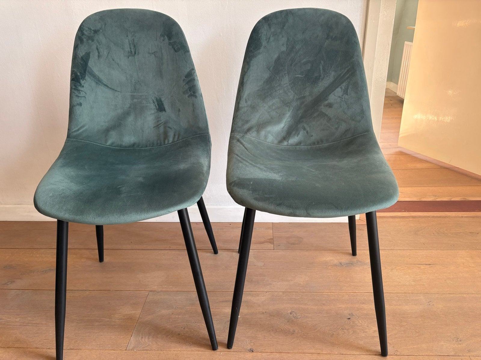 Set van 2 fluwelen eetkamerstoelen - Groen, Huis en Inrichting, Stoelen, Ophalen, Twee, Overige kleuren, Zo goed als nieuw