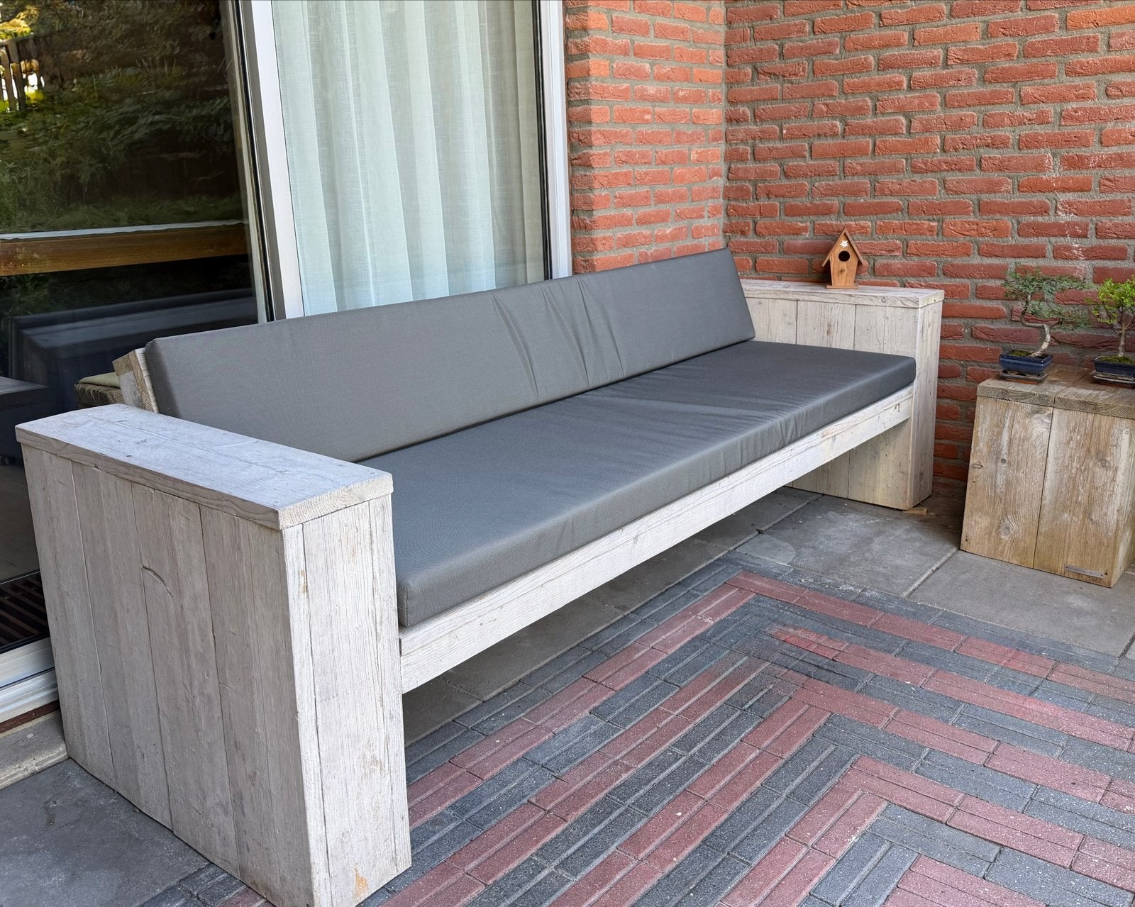 Steigerhouten loungebank met kussens, 240cm breed, Tuin en Terras, Ophalen, Steigerhout, Zo goed als nieuw, Loungeset