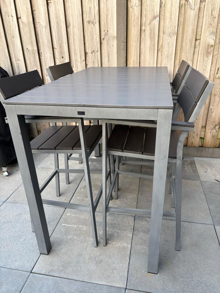 Bellagio bartafel met 4 barkrukken - Aluminium Tuinset, Ophalen of Verzenden, Gebruikt, Rechthoekig, Aluminium