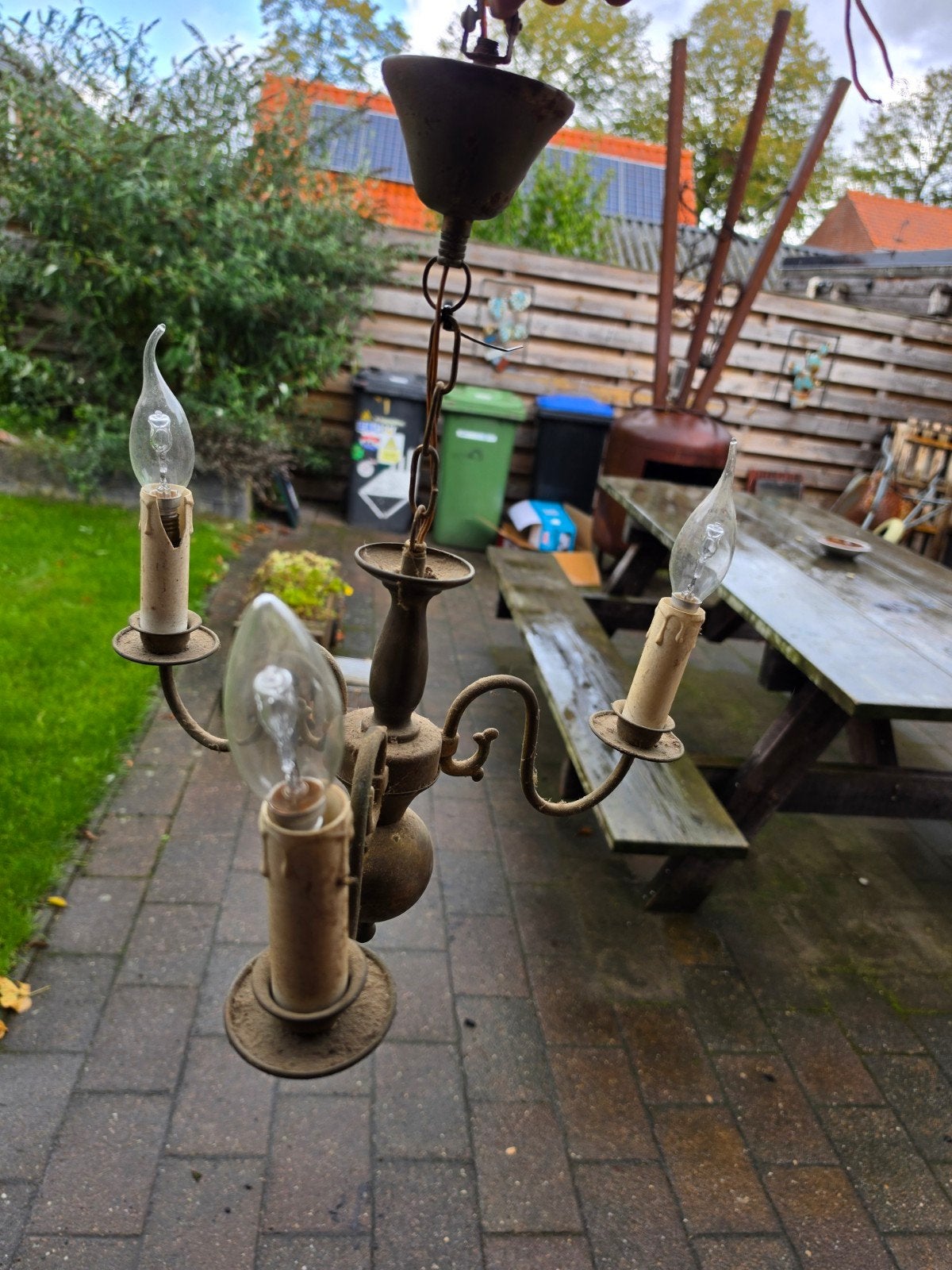 Antieke hanglamp met 3 armen en kaarslampjes, Ophalen
