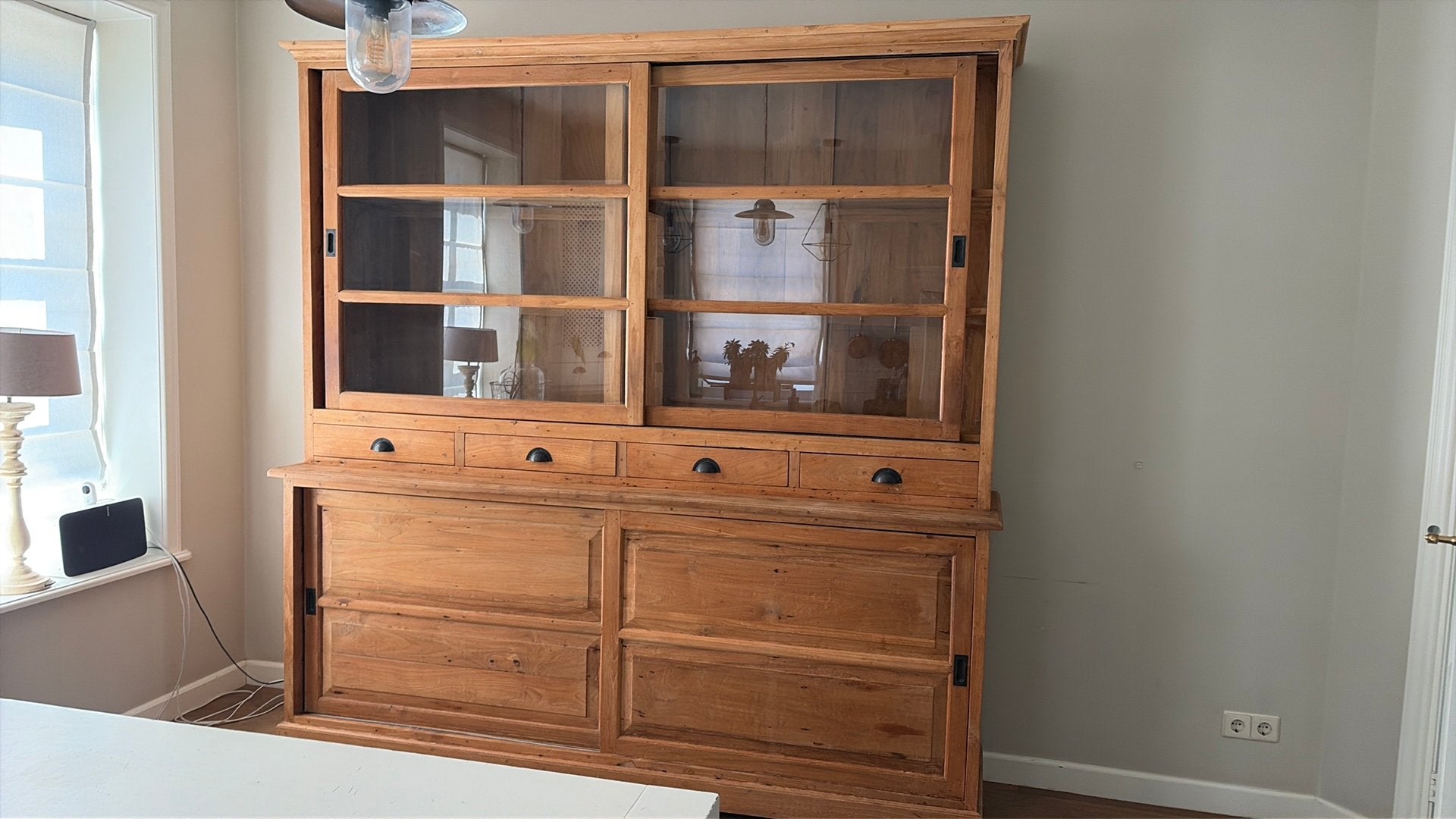 Vitrinekast teak 221x216x53,5, Huis en Inrichting, Kasten | Buffetkasten, Gebruikt, 200 cm of meer, 200 cm of meer, 50 tot 75 cm