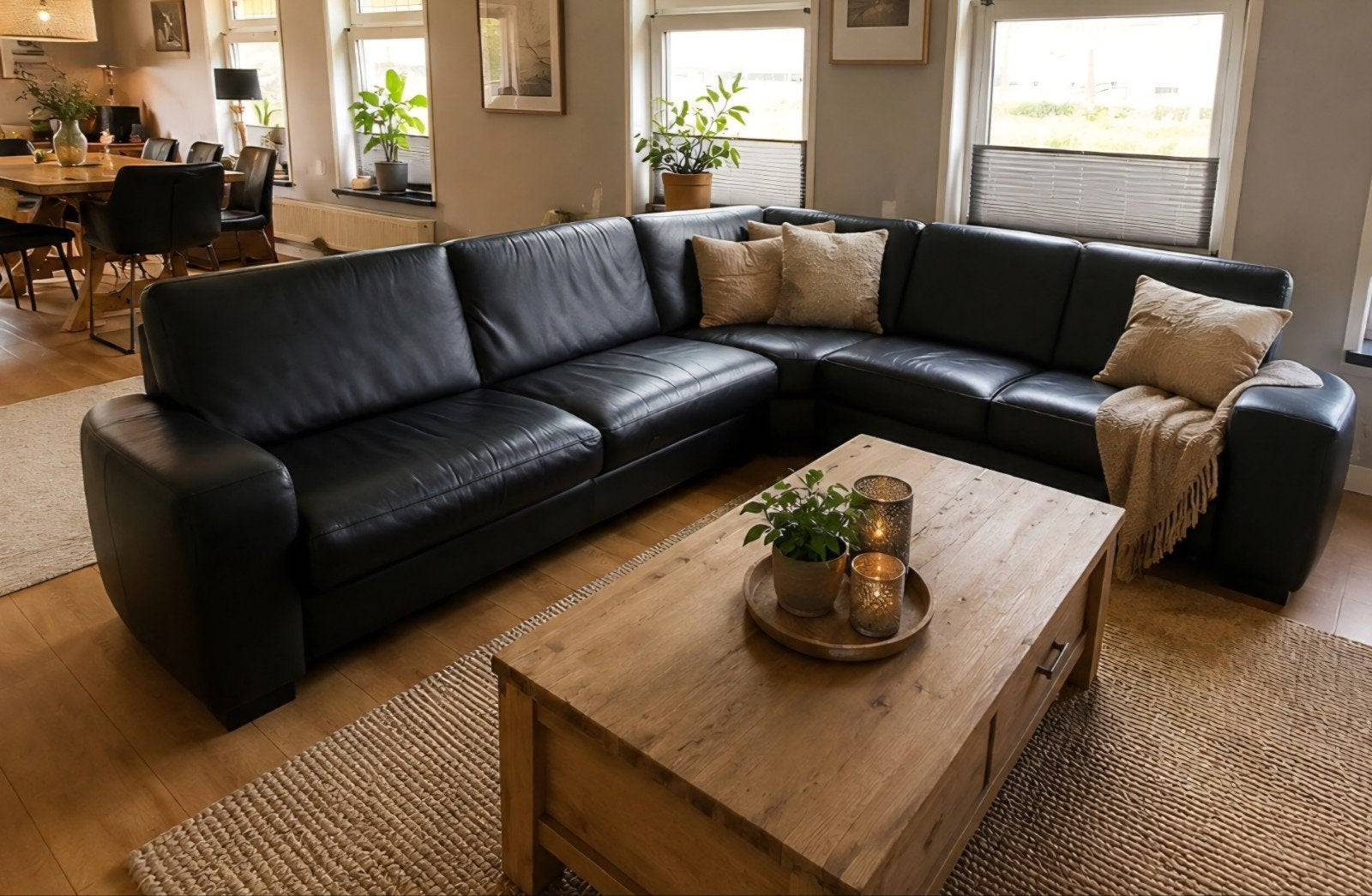 Zwarte Leren Hoekbank - Comfortabel en Stijlvol, Huis en Inrichting, 250 tot 300 cm, Hoekbank, Modern, Klassiek, landelijk, Ophalen of Verzenden