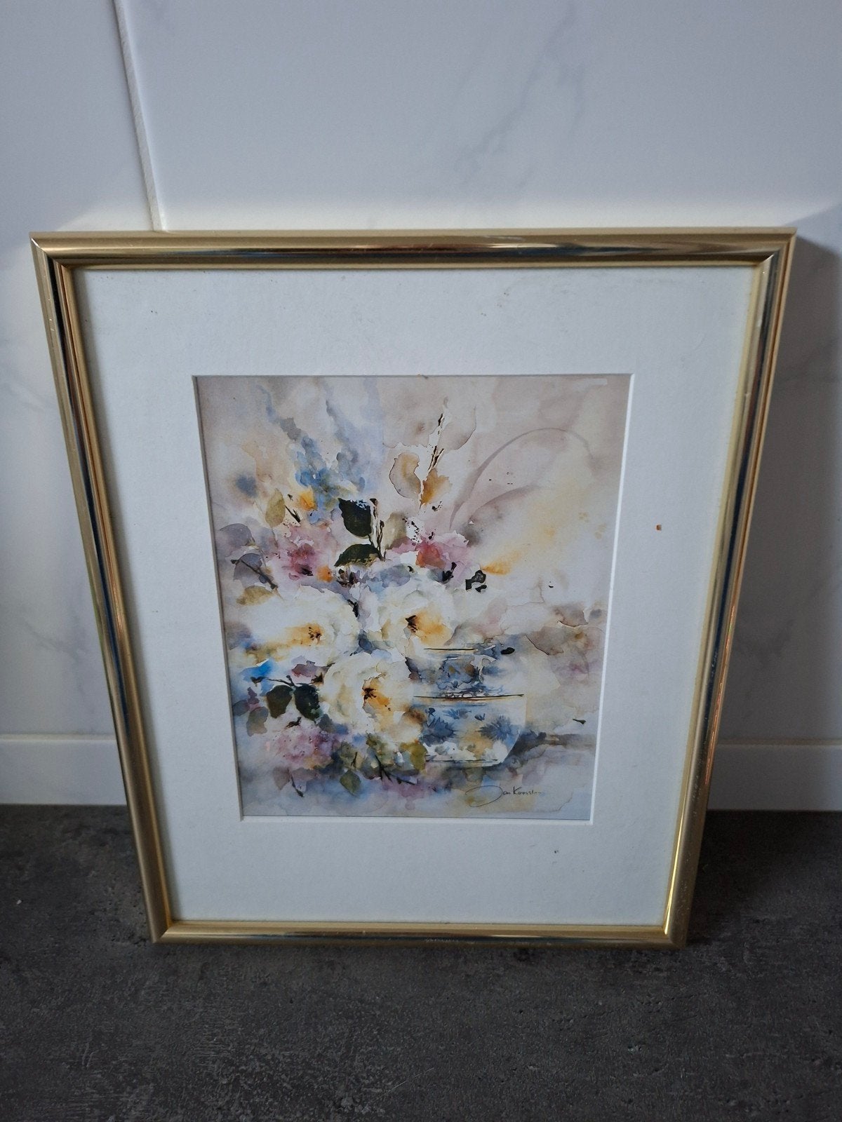 Ingelijste aquarel: Bloemstilleven met rozen, Antiek en Kunst, Ophalen