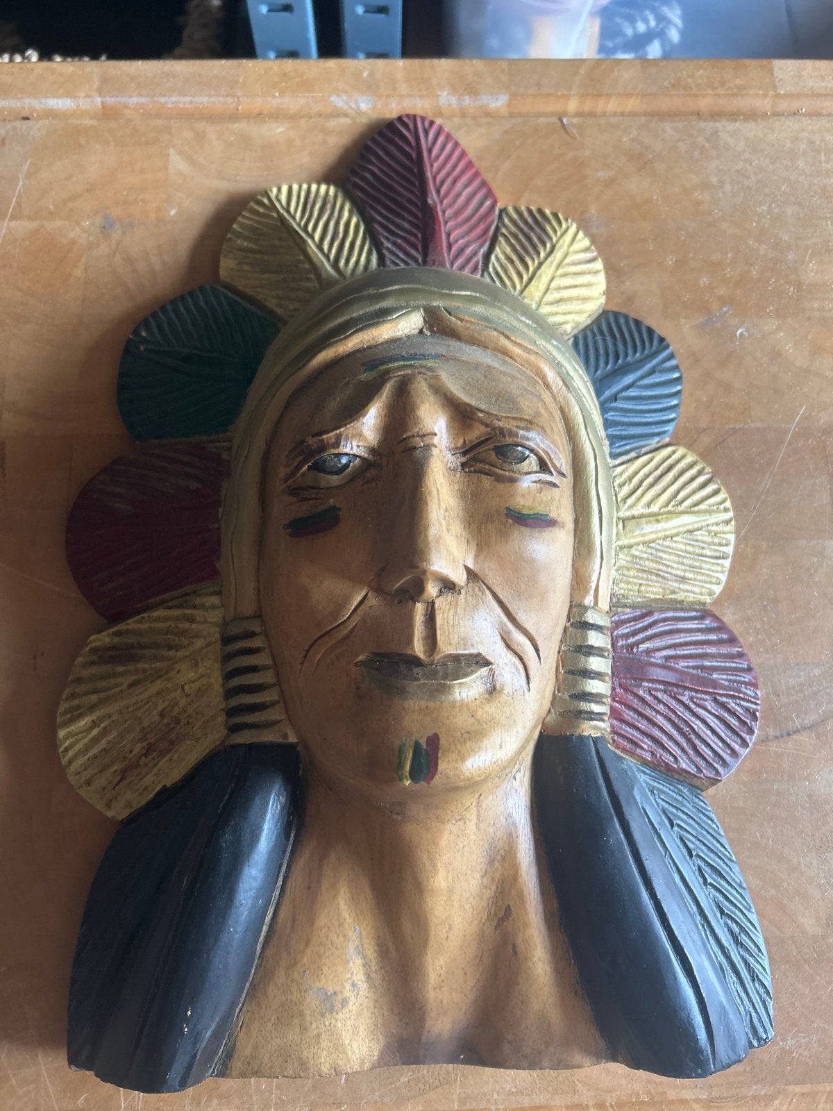 Houten Wanddecoratie Indiaan Hoofd - Handgesneden, Antiek en Kunst, Kunst | Beelden en Houtsnijwerken, Ophalen of Verzenden, Wanddecoratie