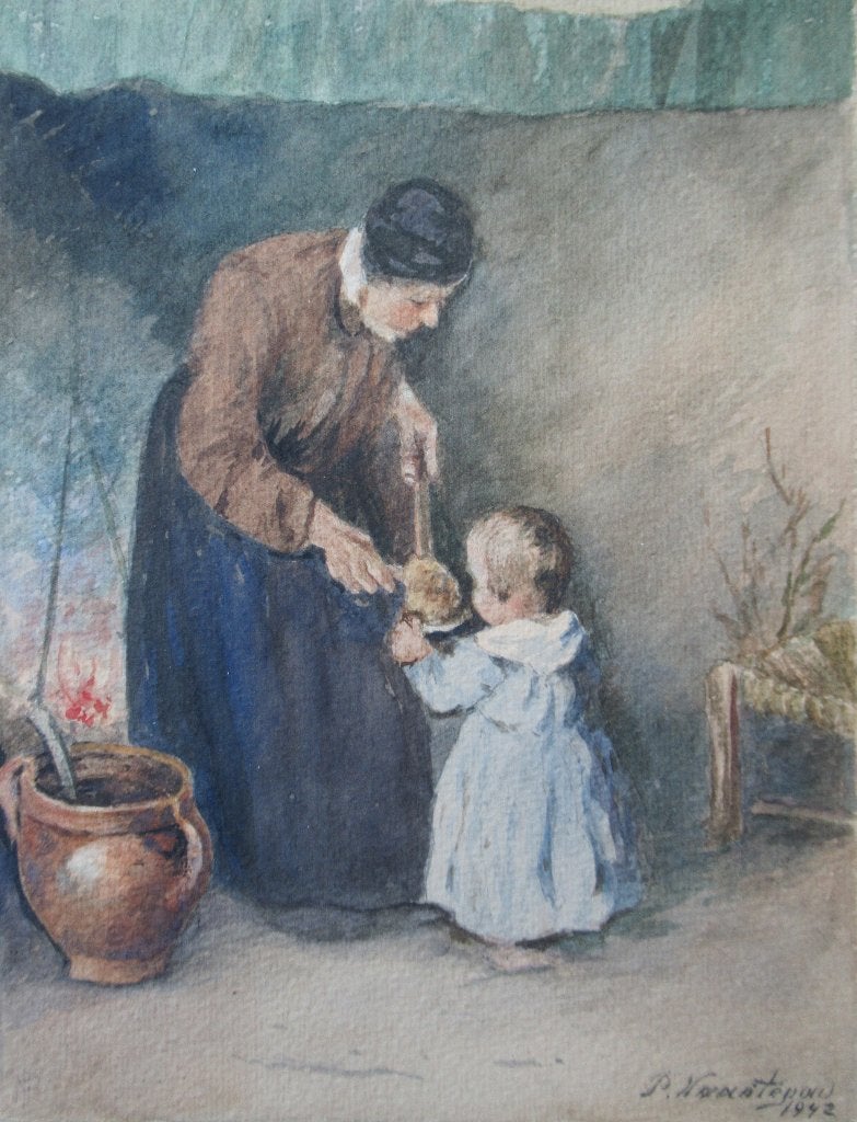 P. Naastepad (1871-1963): Vrouw geeft koek aan meisje , 1942, Ophalen of Verzenden
