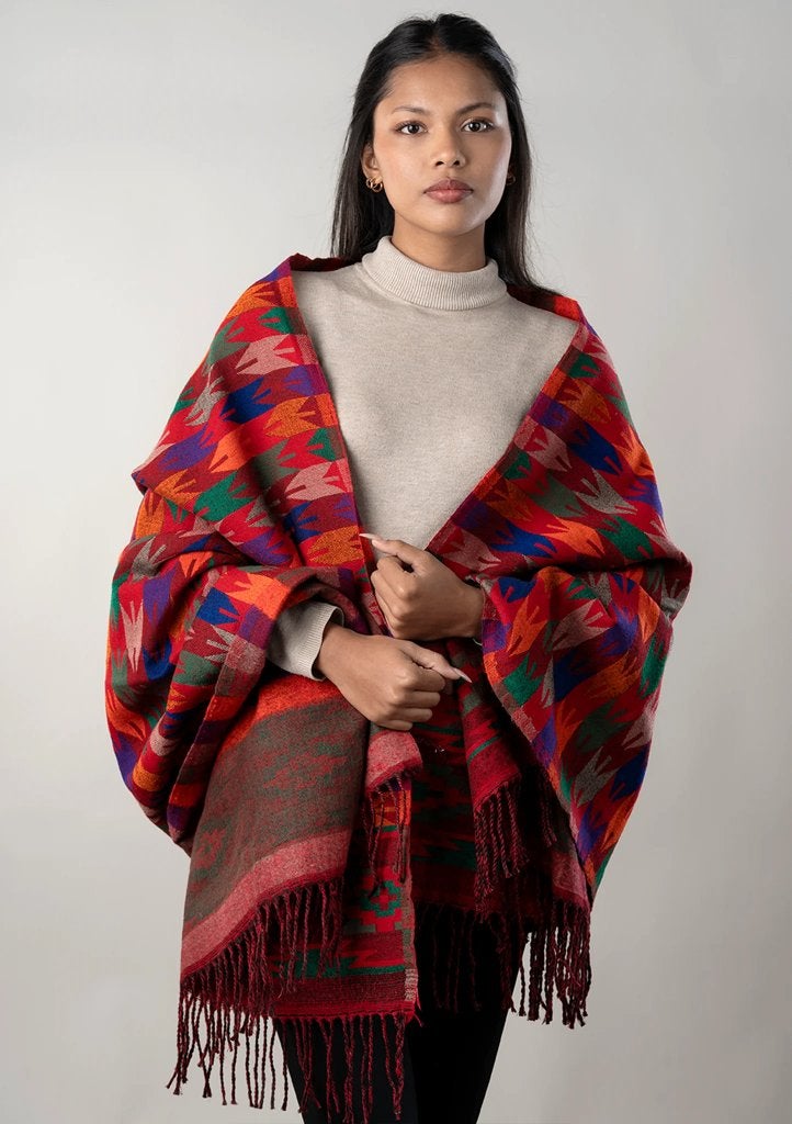 Nepalese wollen sjaal met Dhaka-patroon, Verzenden, Maat 46/48 (XL) of groter, Nieuw, Nepalhandwerk.nl