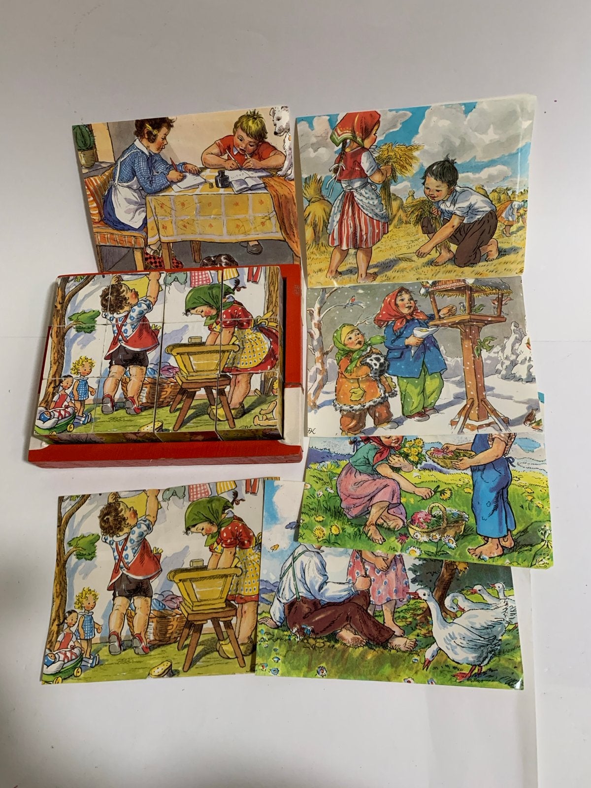 Vintage Houten Blokkenpuzzel met Boerderijtaferelen, Antiek en Kunst, Ophalen of Verzenden