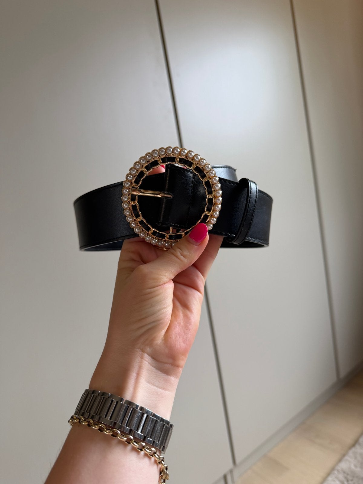 Nikkie riem met grote gesp en parels maat s, 80 tot 90 cm, 3 tot 5 cm, Zwart, Heupriem