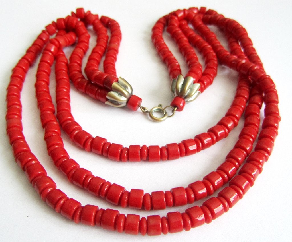 Prachtige bloedkoraal koraal imitatie glas kralen ketting, Ophalen, Zo goed als nieuw, Rood, Overige materialen