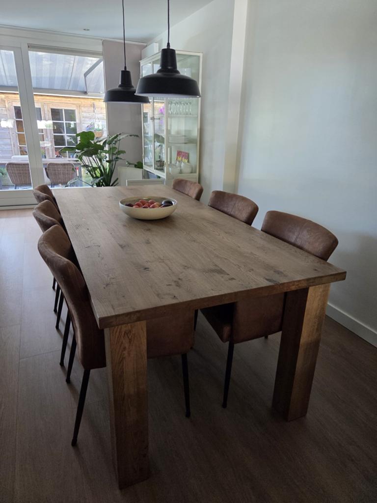 Houten eettafel 220cm met 6 leren stoelen, Huis en Inrichting, Tafels | Eettafels, Ophalen, Gebruikt, Overige materialen, 100 tot 150 cm