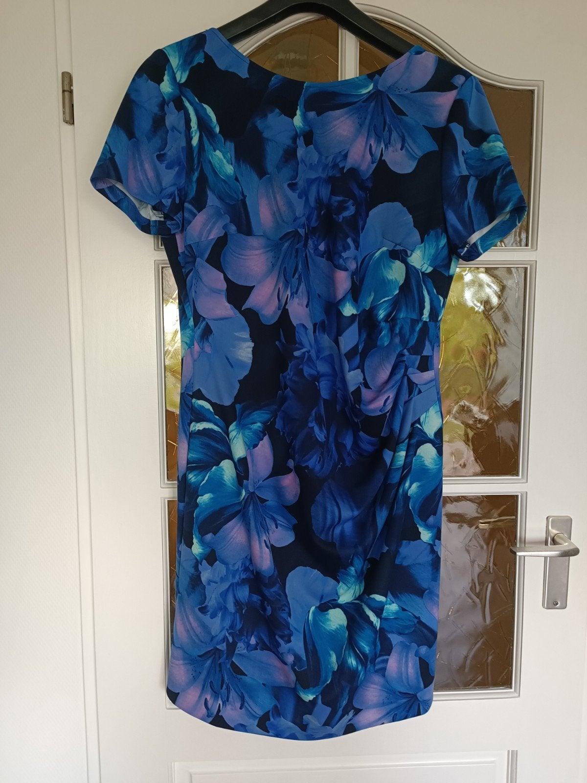 Swing Jurk Maat 48 - Blauw Paars Bloemenprint, Meerkleurig, Maat 46/48 (XL) of groter, Ophalen of Verzenden, Zo goed als nieuw