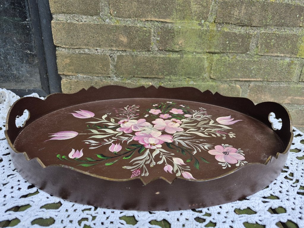 houten dienblad met handgeschilderde bloemen, Gebruikt, Met opstaande rand, Ophalen of Verzenden, Dienblad