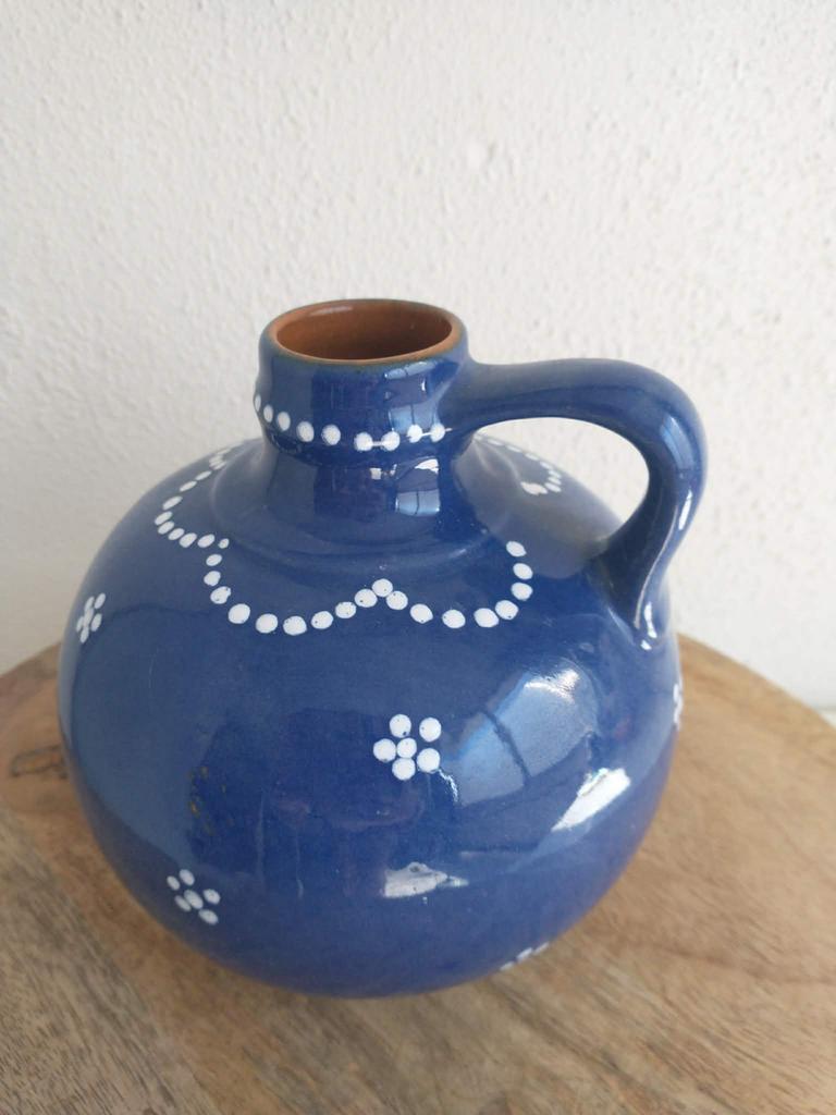 Vintage Strehla vaas, 18cm - Kobaltblauw met stippen, Antiek en Kunst, Antiek | Vazen, Ophalen of Verzenden