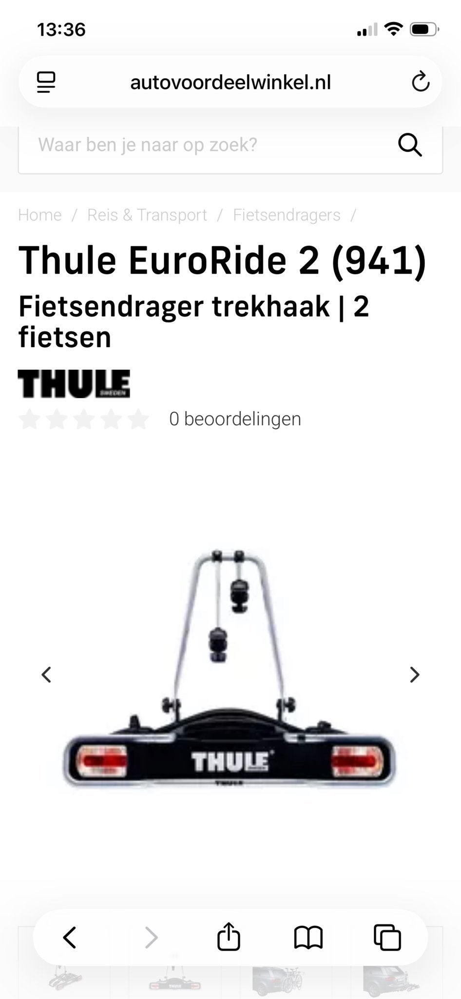 Thule EuroRide 941 fietsendrager voor 2 fietsen (trekhaak), Ophalen, 2 fietsen, Gebruikt, Trekhaakdrager