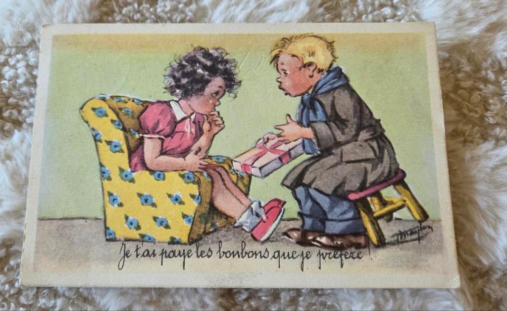 Jongen geeft meisje in stoel een cadeautje, Verzenden, 1940 tot 1960, Gelopen, Kinderen