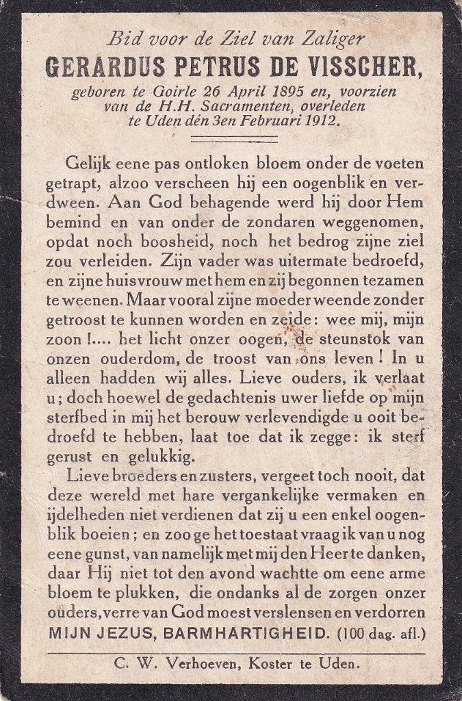 Visscher Gerardus 1895 Goirle 1912 Uden, Verzamelen, Bidprentjes en Rouwkaarten, Ophalen of Verzenden, Bidprentje