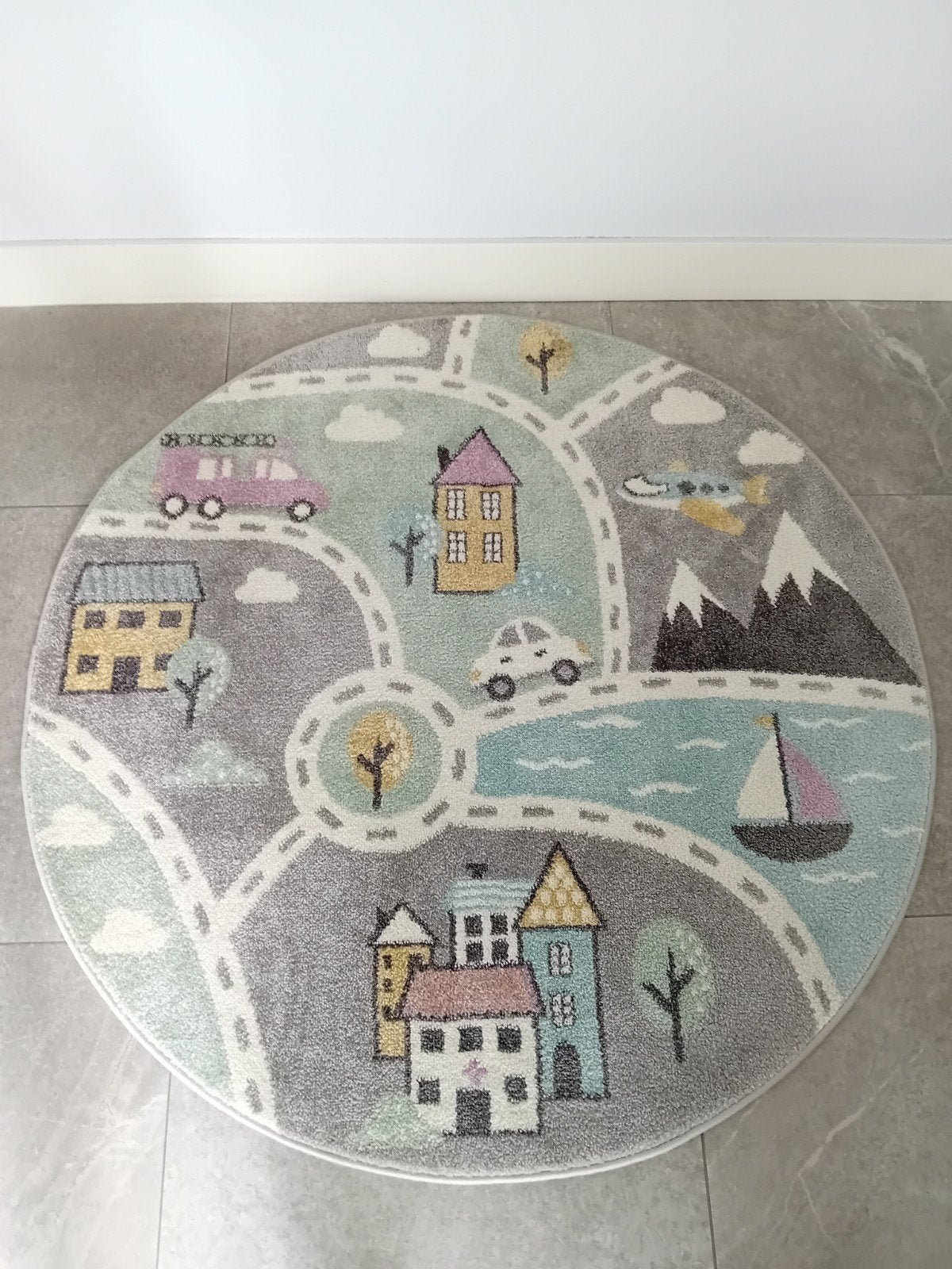 Rond speelkleed/vloerkleed met wegenprint - Ø 120cm, Ophalen, Grijs, Rond, Zo goed als nieuw