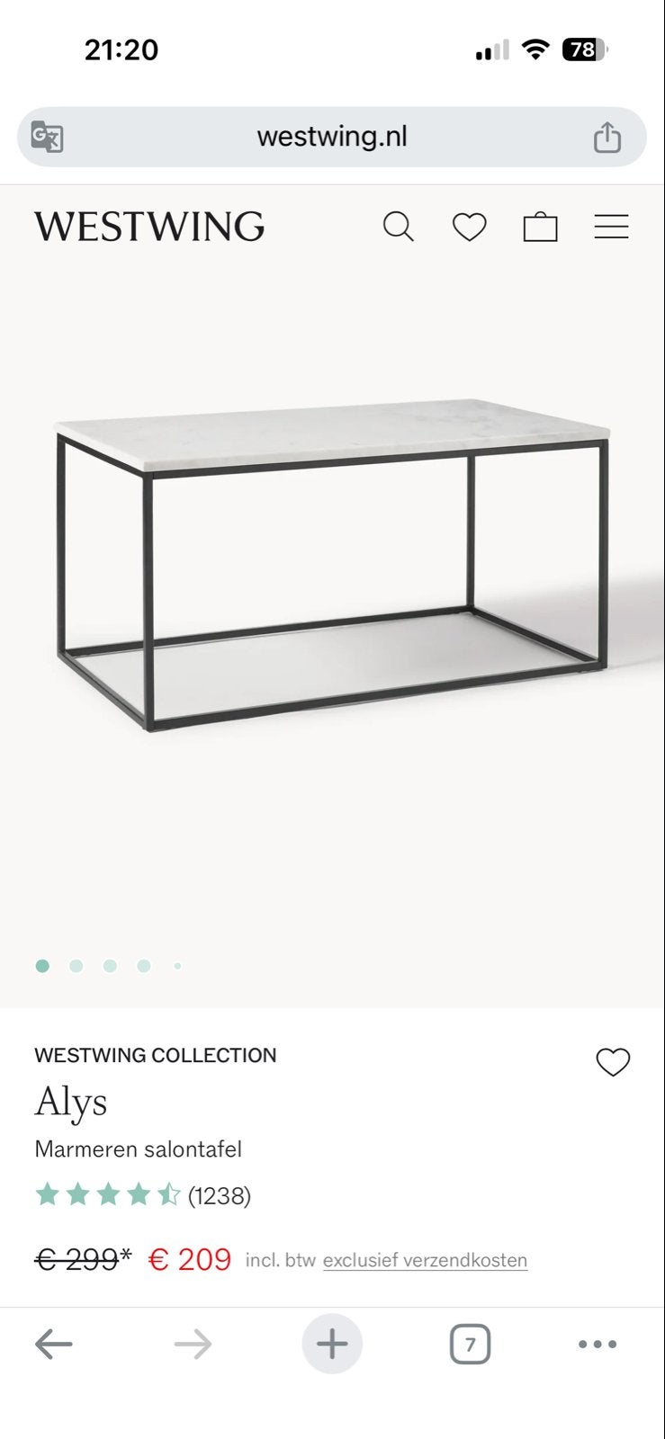Moderne salontafel met marmeren blad en metalen frame, Ophalen, Gebruikt, 100 tot 150 cm, 50 tot 100 cm