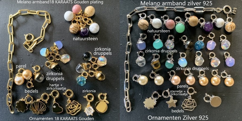 NIEUW: Melano Zilveren en Vergulde ARMBANDEN + ORNAMENTEN., Ophalen of Verzenden, Nieuw, Zilver, Zilver