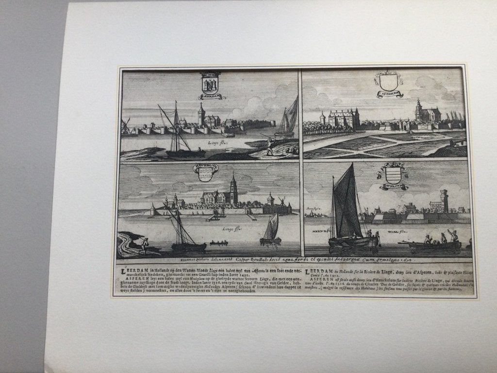 Leerdam, Asperen, Heukelom en Workum, aanzicht, 1660., Antiek en Kunst, 26 cm, 34 cm, Ets, Stadsgezicht