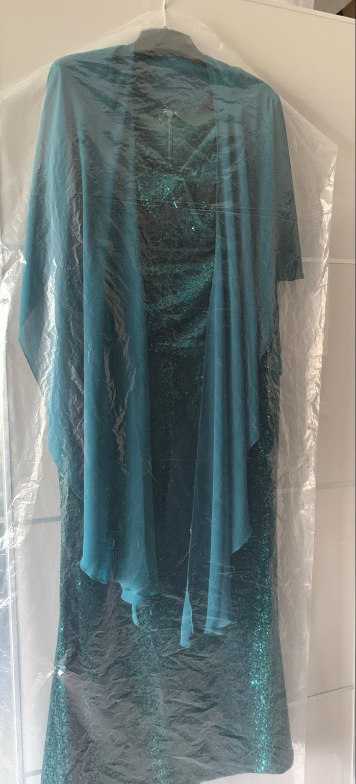 Lange smaragdgroene galajurk met pailletten en accessoires, Ophalen, Maat 46/48 (XL) of groter, Zo goed als nieuw, Onder de knie