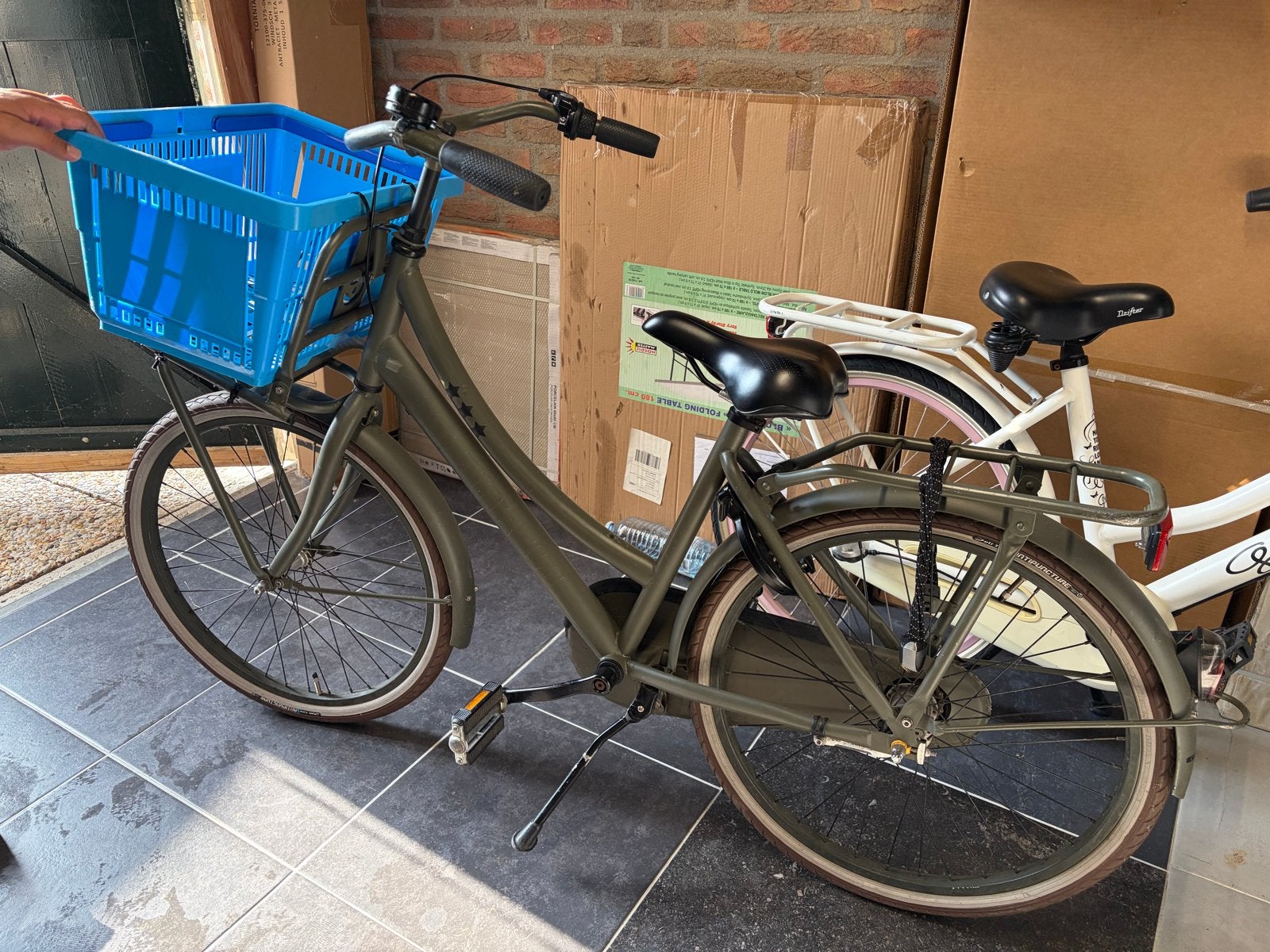 Stoere legergroene transportfiets met voordrager, Terugtraprem, Ophalen, Overige merken, 53 tot 56 cm