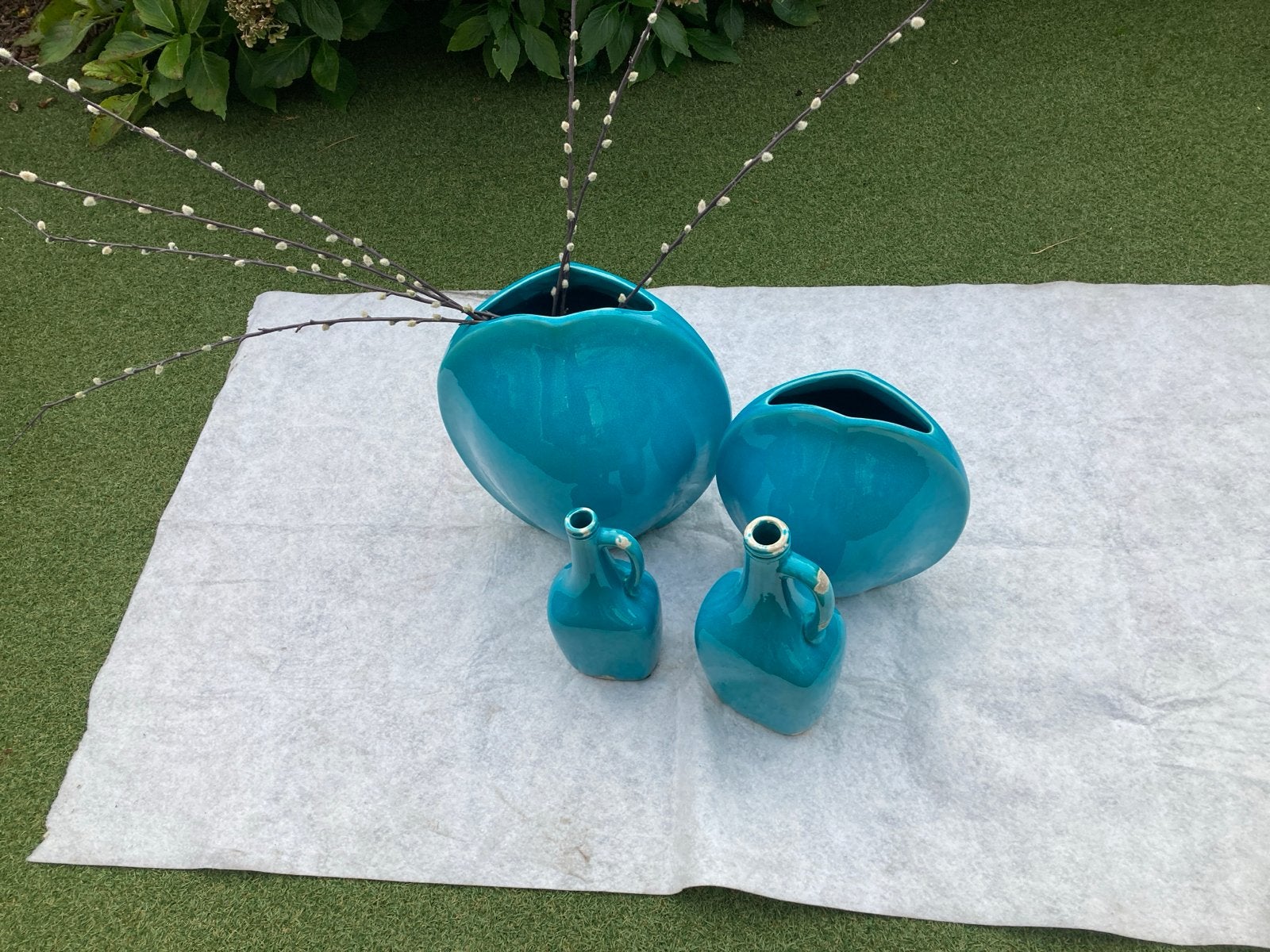 Set van 4 turquoise keramische vazen en kruiken, Ophalen of Verzenden