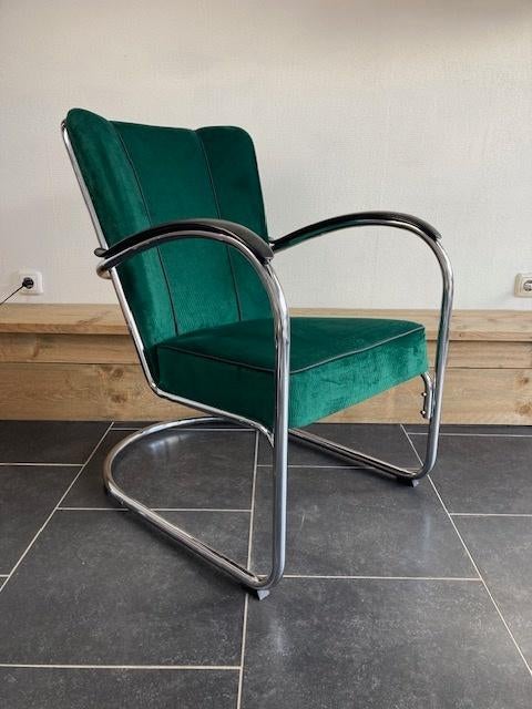 Gispen 412 fauteuil, chroom, nieuwe donkergroene ribstof, Huis en Inrichting, Fauteuils, Zo goed als nieuw, Metaal, Stof, 50 tot 75 cm