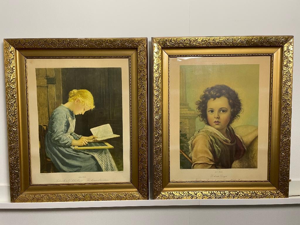 Portret meisje en jongen - kleurengravures, Antiek en Kunst, Ophalen, Ingelijst, 1950 - 1999, Portret