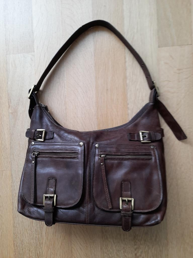 Bruine leren vintage schoudertas, Sieraden, Tassen en Uiterlijk, Tassen | Schoudertassen, Overige merken, Gebruikt, Bruin, Ophalen of Verzenden