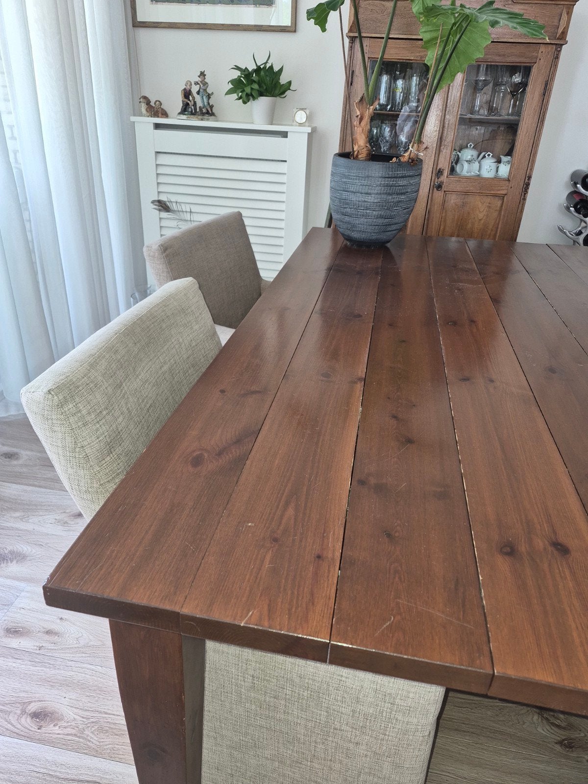 Eiken eetkamertafel met 4 stoelen op wieltjes, Ophalen, Gebruikt, 100 tot 150 cm, Eikenhout