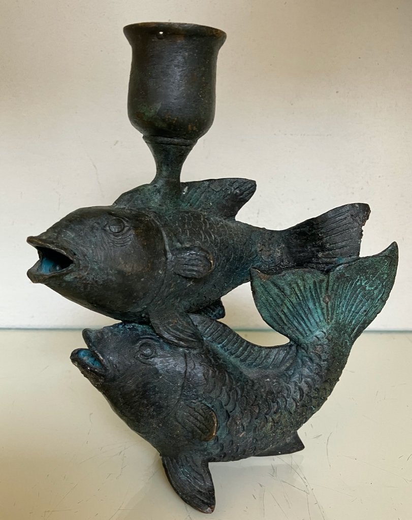 Japanse bronzen kandelaar met 2 karpers. Jaren 30, Ophalen of Verzenden, Koper of Brons