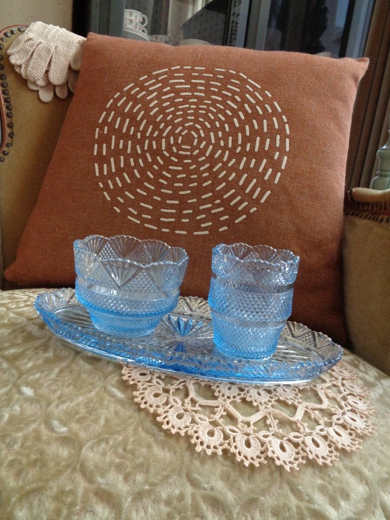 Blauw Kristallen Waaierglas Roomstel Dienblad ** Mimosa **, Antiek en Kunst, Antiek | Glas en Kristal, Ophalen of Verzenden