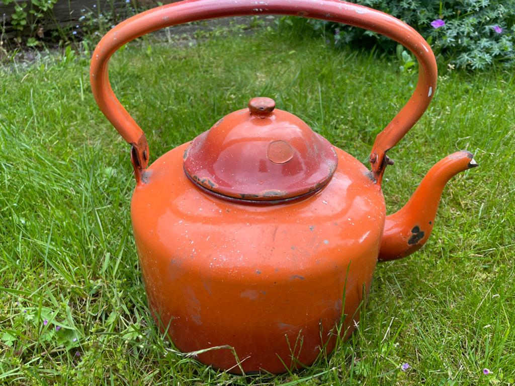 Vintage Oranje Emaille Ketel - Decoratief, Ophalen