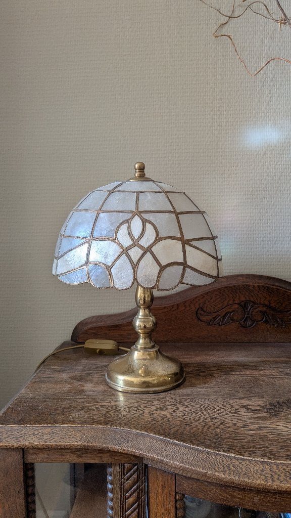 Vintage tafellamp messing parelmoer, Ophalen, Gebruikt, Vintage, Meerkleurig