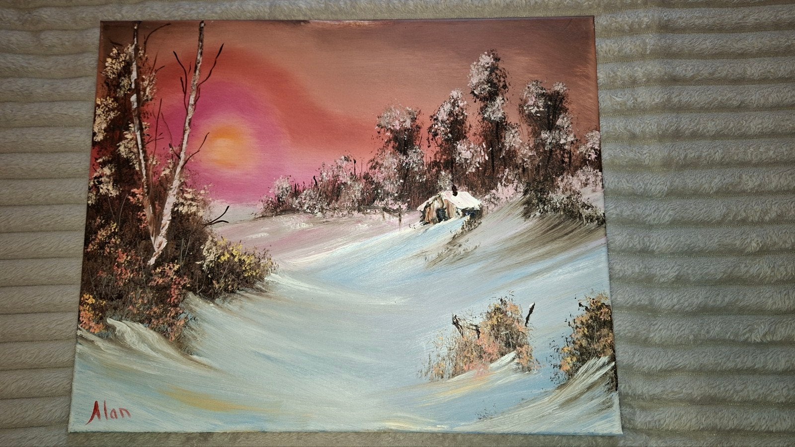 Schilderij Winterlandschap met zonsondergang, Ophalen