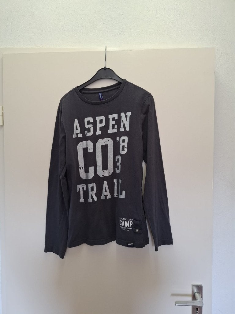 Stoer grijs longsleeve shirt met 'Aspen Co' print maat 164, Ophalen, Gebruikt, Shirt of Longsleeve, Onbekend