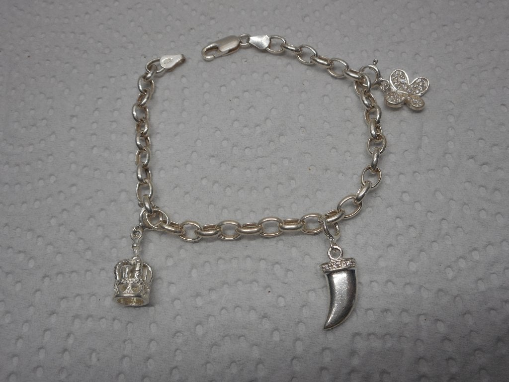 Zilveren schakel armband met 3 afneembare bedels nr.1134, Verzenden, Zo goed als nieuw, Met bedels of kralen, Zilver