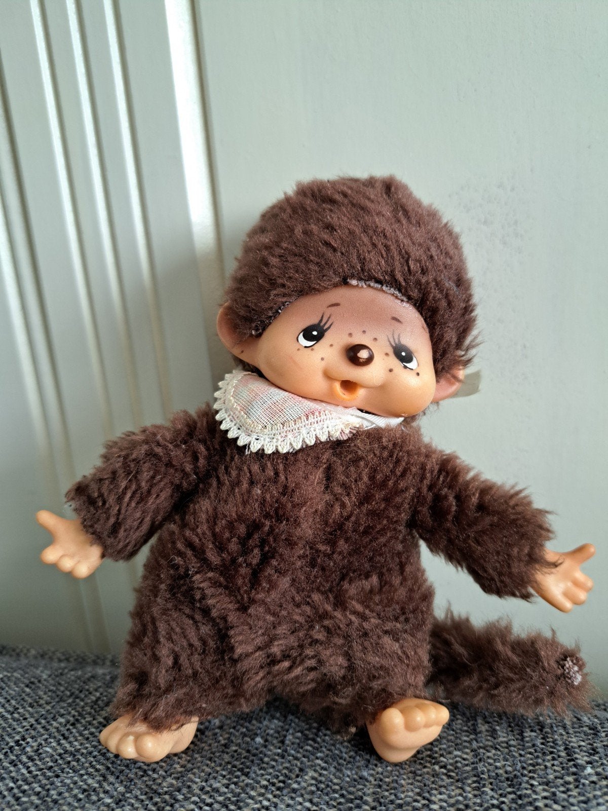 35.  Vintage Monchhichi 13cm knuffel aapje, Gebruikt, Overige merken, Overige karakters, Ophalen of Verzenden