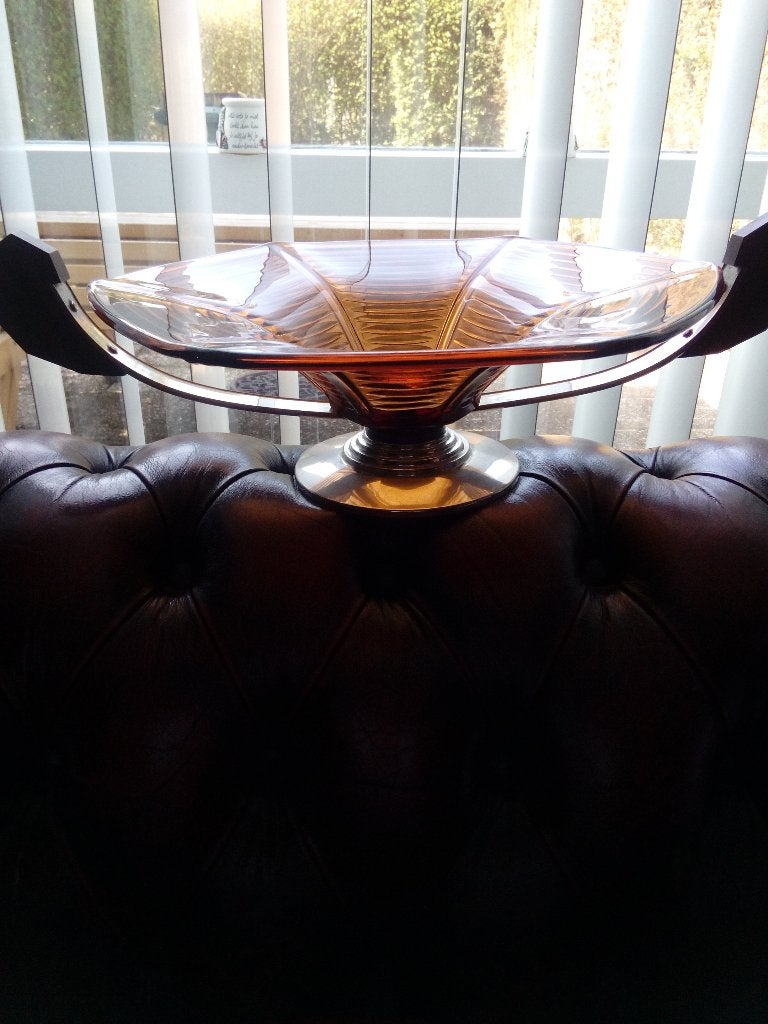 Art deco schaal amber kleurig.metalen rand met houten oren, Antiek en Kunst, Ophalen