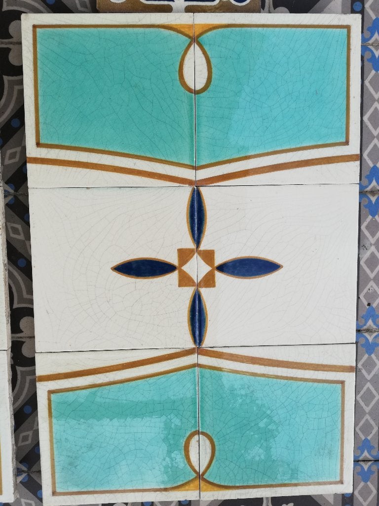Rozenburg tegelpaneel 45x30cm, prachtig turquoise oker blauw, Ophalen of Verzenden